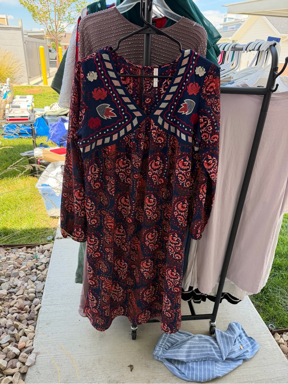 Xhilaration Navy and Red Floral V-Neck Long Sleeve Dress